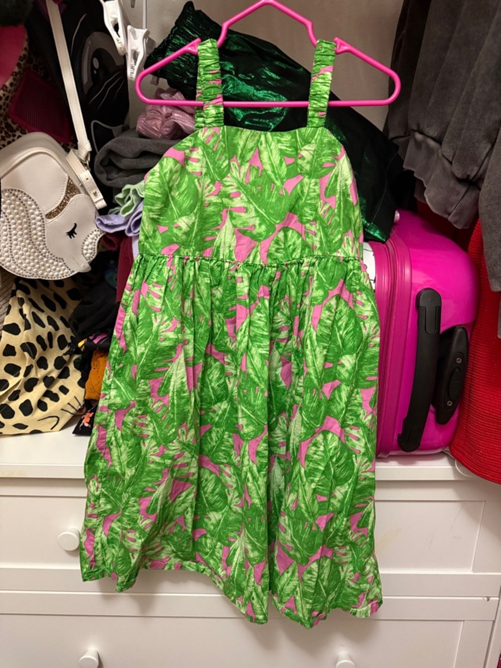 Green Leaf Print Sundress with Pink Accents